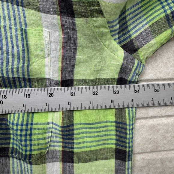 Alan Flusser Green Plaid 100% Linen Short Sleeve Button-Down Shirt Men’s Large - Picture 6 of 8